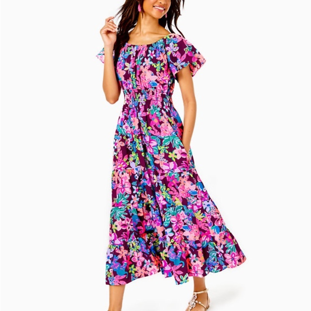 Lilly Pulitzer Ellabell Midi Dress Pink Floral Smocked Waist Size M Nwt